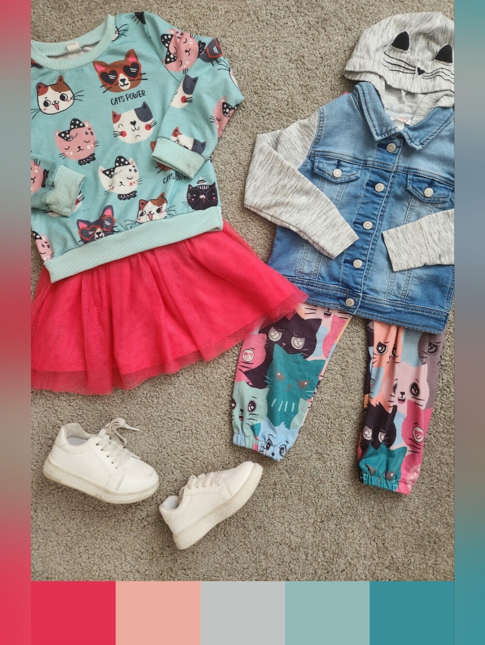 Girls 5T Mix & Match Bundle | Cats, Denim Jacket, Kitty, Fall, School | 4 Pieces